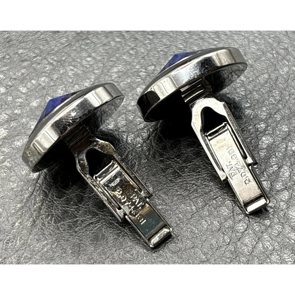 Vintage Silver Tone Royal Blue Rivoli Rhinestone Crystal Starburst Cufflinks